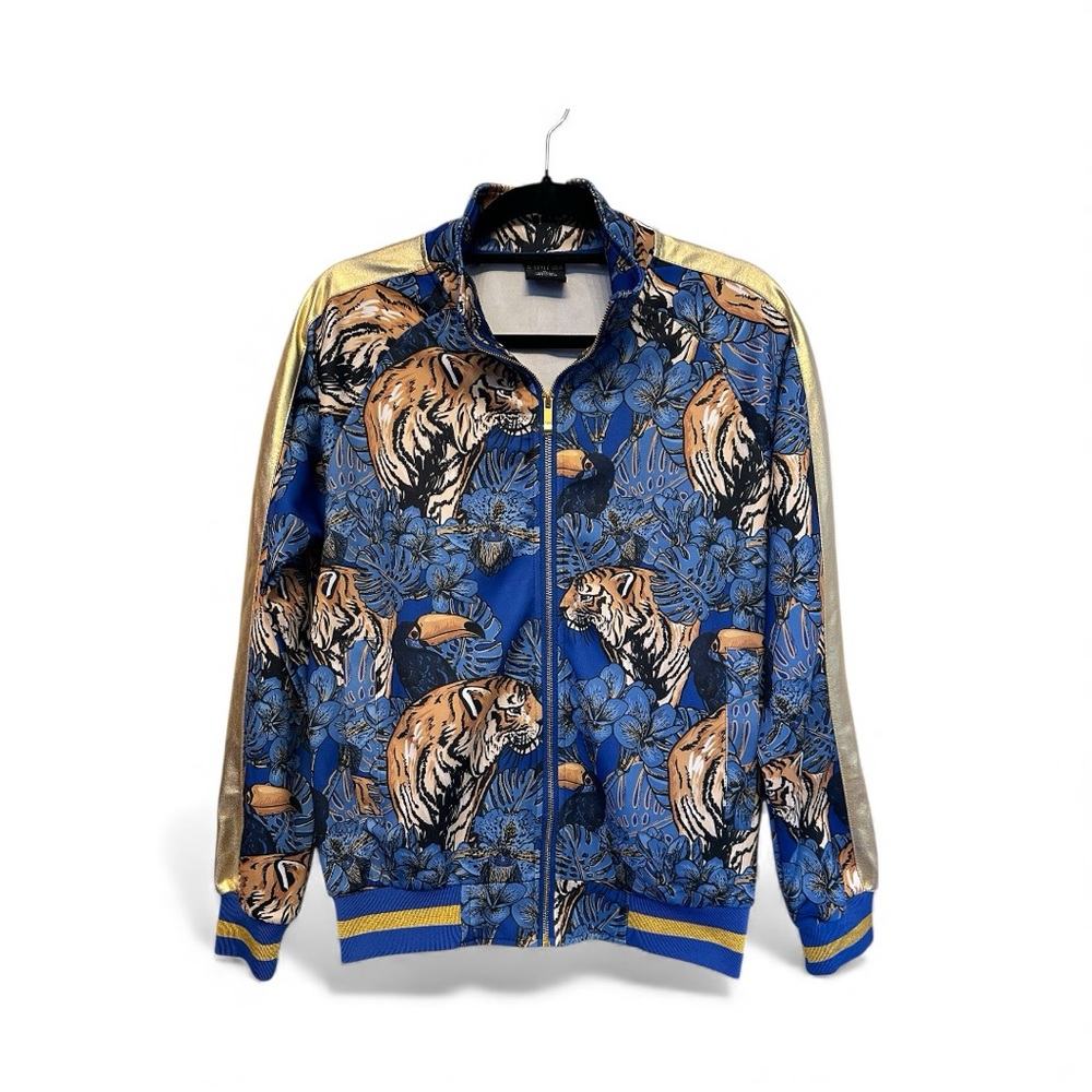 Late 2000’s Men's “G-Style USA” Blue and Gold Tiger Print Jacket Small (Unisex)